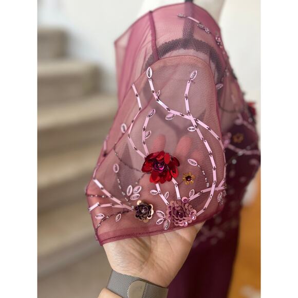 JS Collections Burgundy Red Floral Beaded Illusion Sheath Cocktail Dress - Picture 9 of 10